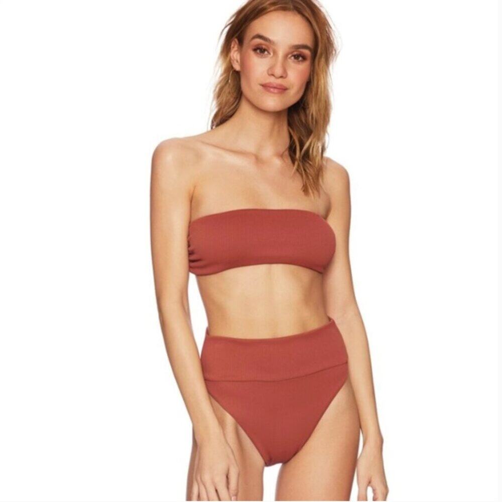 Beach Riot Ribbed High Rise Strapless Bikini Set in Copper (Top-S, Bottoms-M)